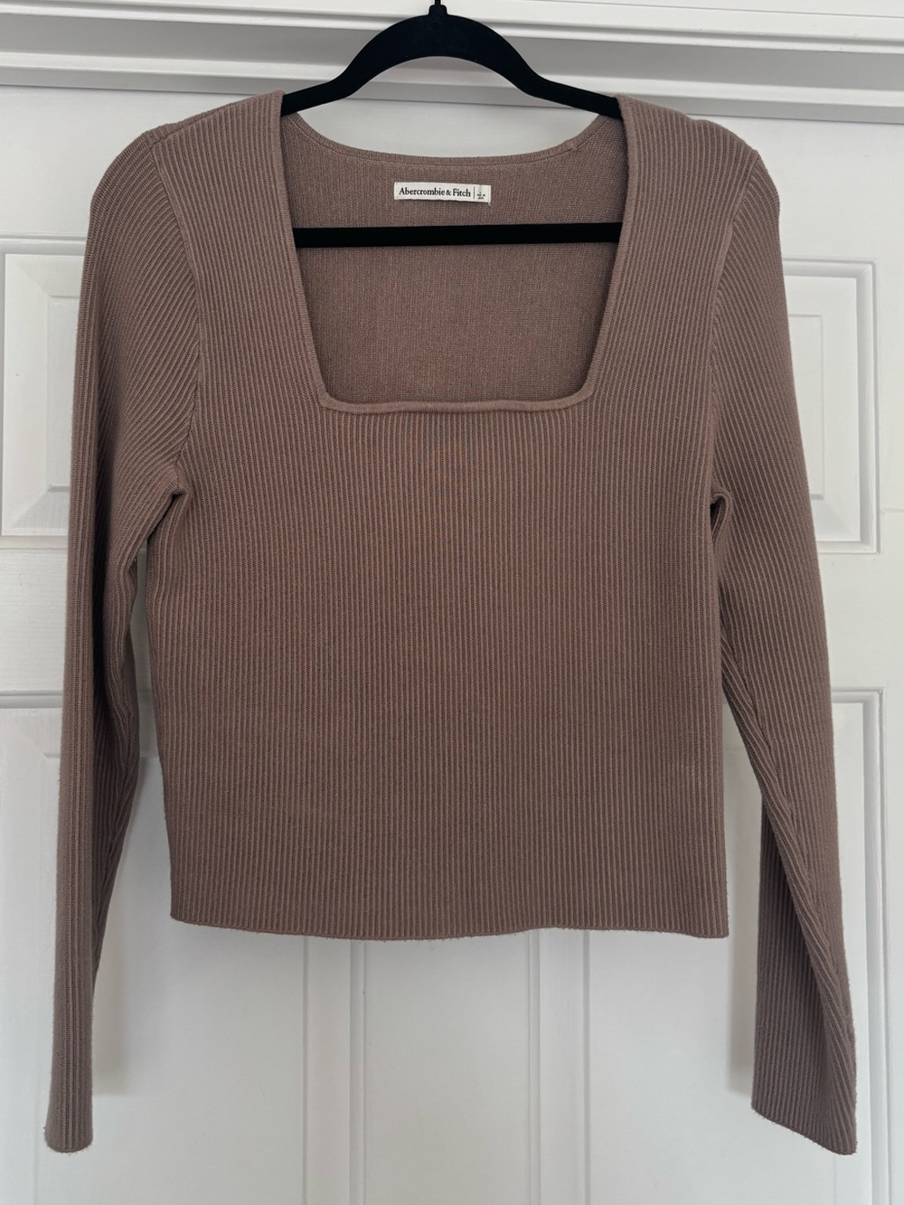 Abercrombie & Fitch Ribbed Square Neck Sweater Top | Taupe Long Sleeve Size L